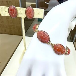 Vintage Carnelian Colored Glass Scarab Bracelet & Screw Back Earrings Set
